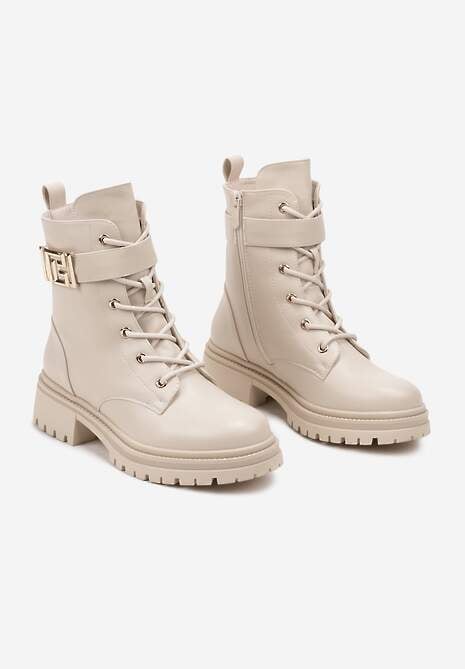 Beżowe Botki Workery na Płaskiej Podeszwie Ozdobione Paskiem z Klamrą Betida