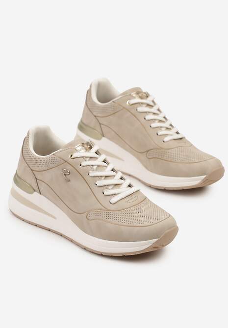 Beżowe Sneakersy na Koturnie Zdobione Tłoczeniami i Aplikacją Marovea