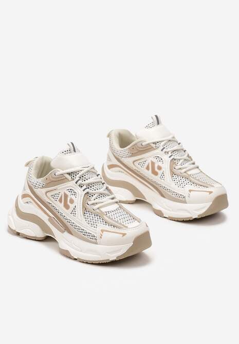Beżowe Sneakersy na Grubej Podeszwie Ozdobione Siateczkowymi Wstawkami Korianna