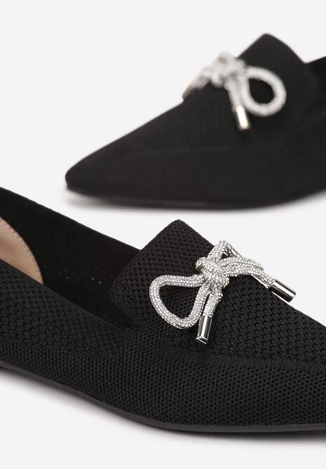Czarne Balerinki na Płaskiej Podeszwie z Kokardką z Cyrkonii Preslia
