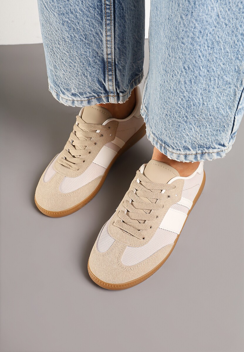 Ciemnobeżowe Sneakersy na Kauczukowej Podeszwie Ozdobione Paskami Emidi