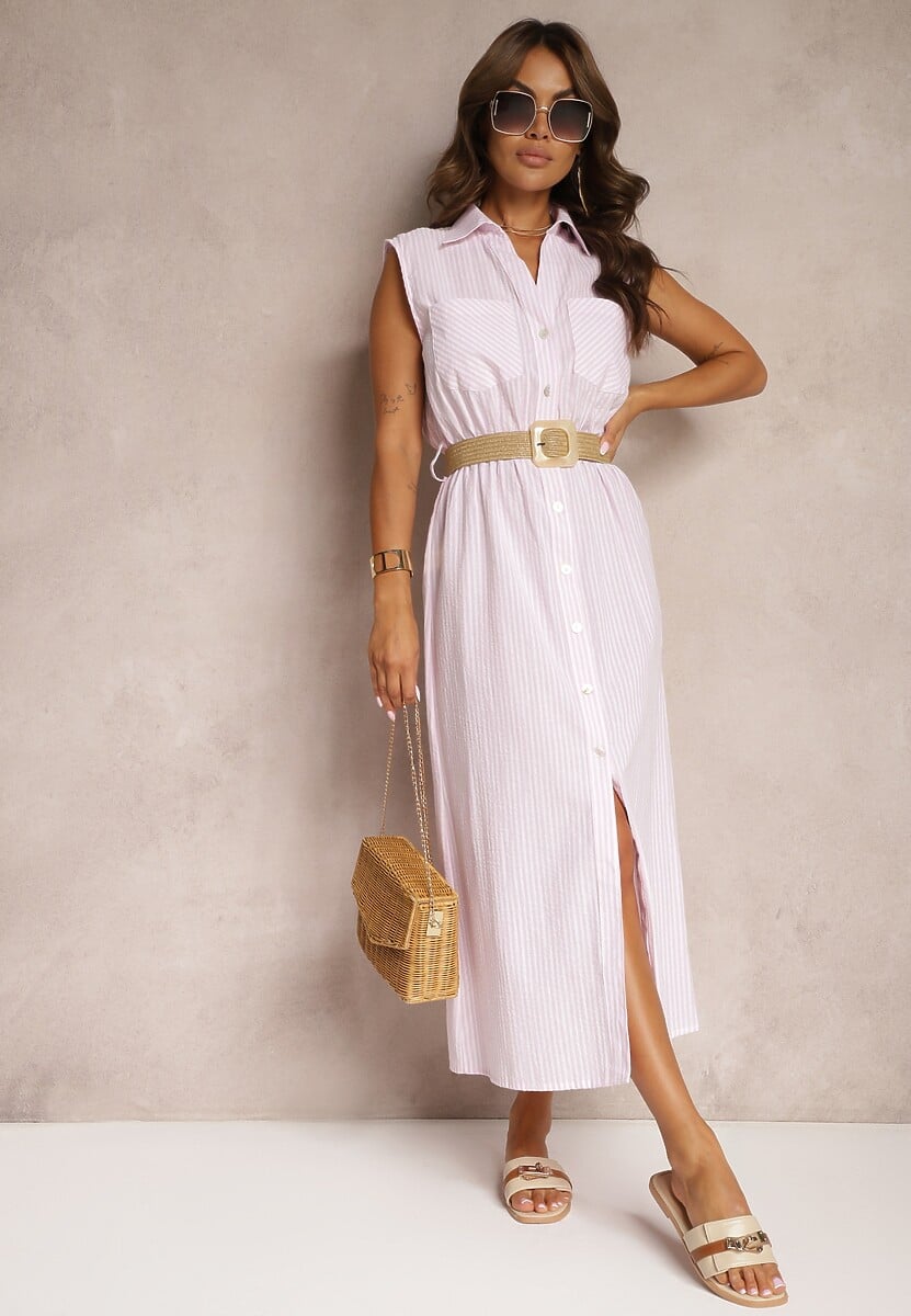 Różowa Koszulowa Sukienka z Bawełny Bez Rękawów z Paskiem i Gumką w Talii Zalorea