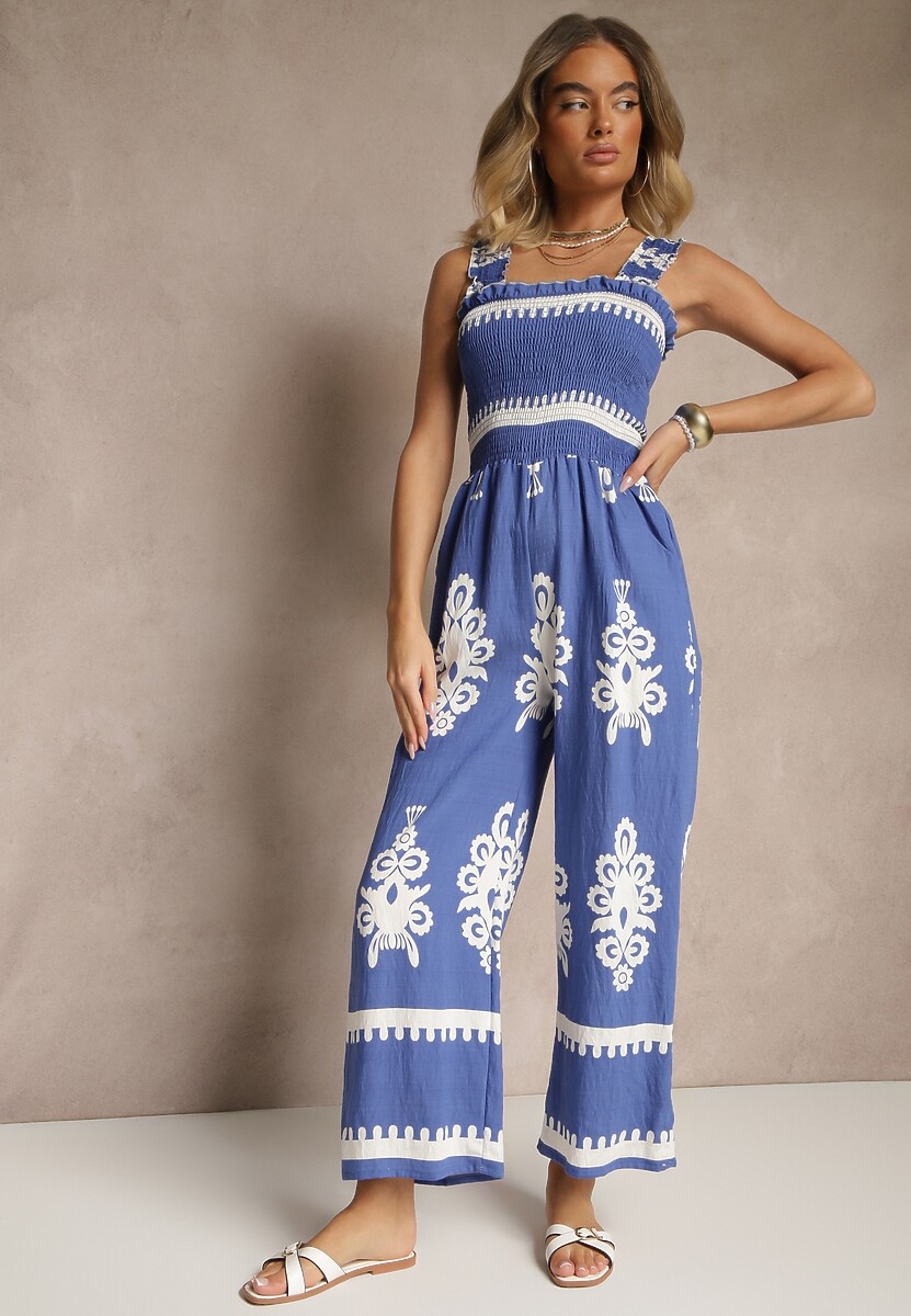 Czarny Kombinezon Wide Leg z Wiskozy na Ramiączkach Zdobiony Etnicznym Wzorem Melriti