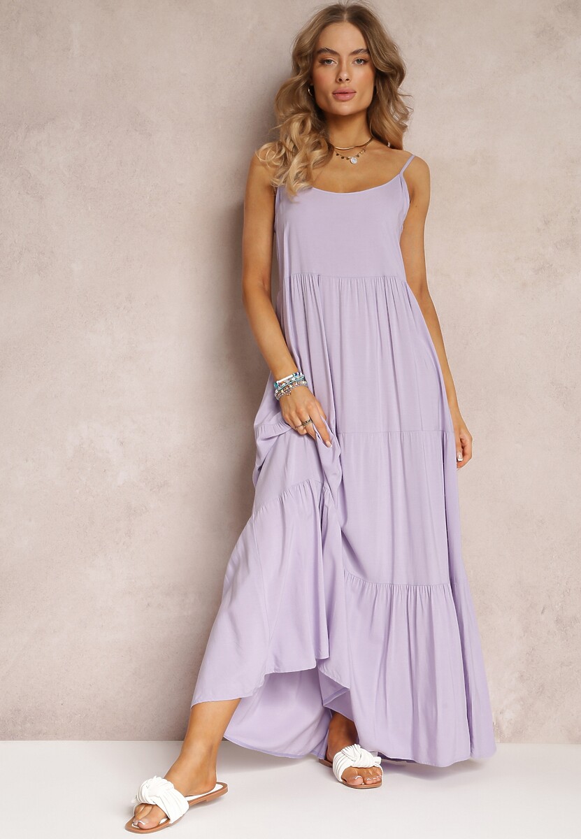 Fioletowa Sukienka Maxi z Wiskozy na Ramiączkach Avaja