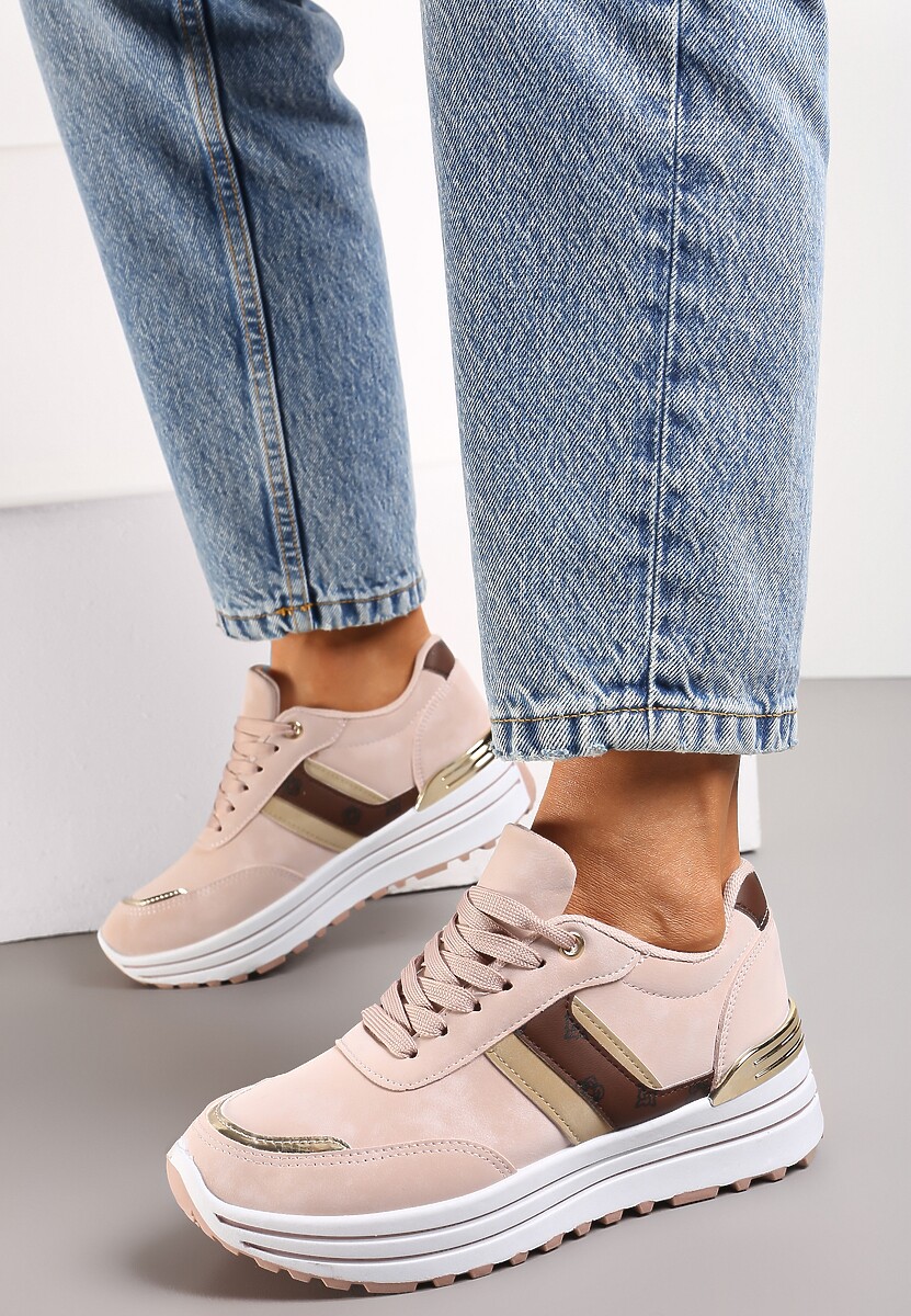 Ciemnobeżowe Sneakersy z Dekoracyjnymi Wstawkami na Platformie w Paski Letorra