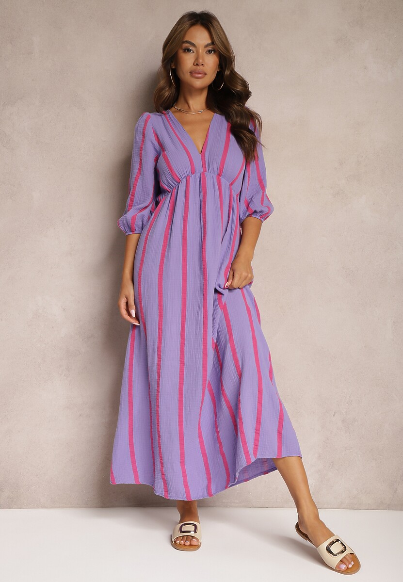 Fioletowa Bawełniana Sukienka w Paski o Rozkloszowanym Kroju Legelia