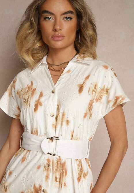 Biało-Pomarańczowa Bawełniana Sukienka z Ażurowym Zdobieniem o Koszulowym Kroju z Paskiem Velpio