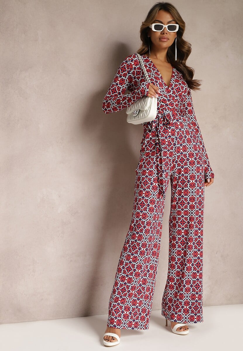 Czerwono-Biały Kombinezon w Geometryczne Wzory z Szerokimi Nogawkami i Paskiem w Talii Soliti