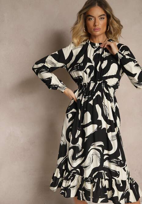 Czarna Sukienka z Bawełną i Abstrakcyjnym Wzorem Tersedi