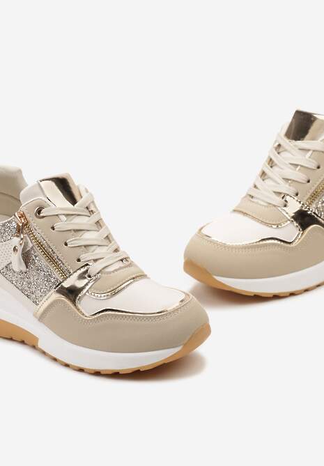 Beżowo-Złote Sneakersy na Niewysokim Koturnie Ozdobione Suwakiem i Wstawkami Liorrama