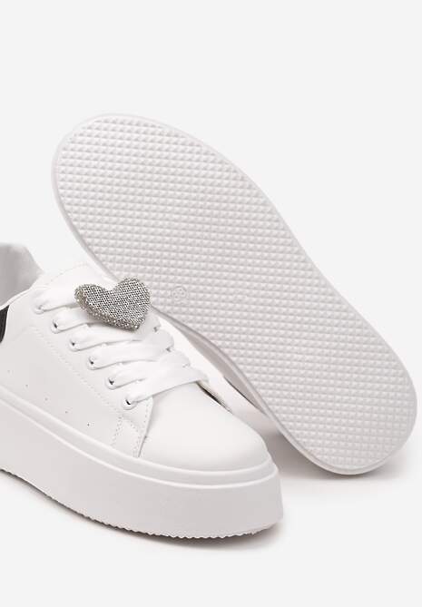 Biało-Czarne Wiązane Casualowe Sneakersy na Platformie z Cyrkoniami i Metalową Aplikacją Illita
