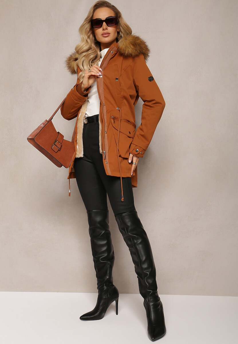 Brązowa Ocieplana Parka Kurtka z Kapturem i Podszewką z Możliwością Odpięcia Okava