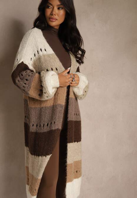 Beżowy Ażurowy Kardigan w Paski z Dodatkiem Wełny i Wiskozy o Długim Kroju Ilonine