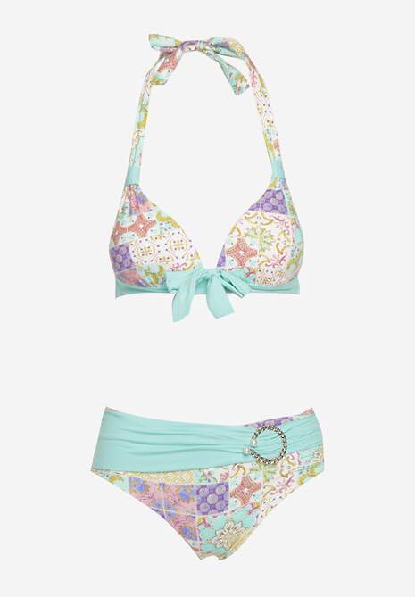 Niebiesko-Beżowe Bikini w Mozaikowy Wzór z Biżuteryjną Klamerką Vextella