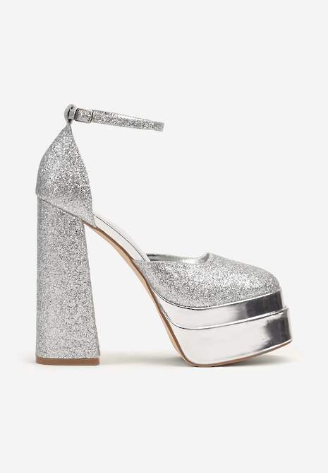Srebrne Brokatowe Eleganckie Sandały na Platformie i Słupku Mericiana