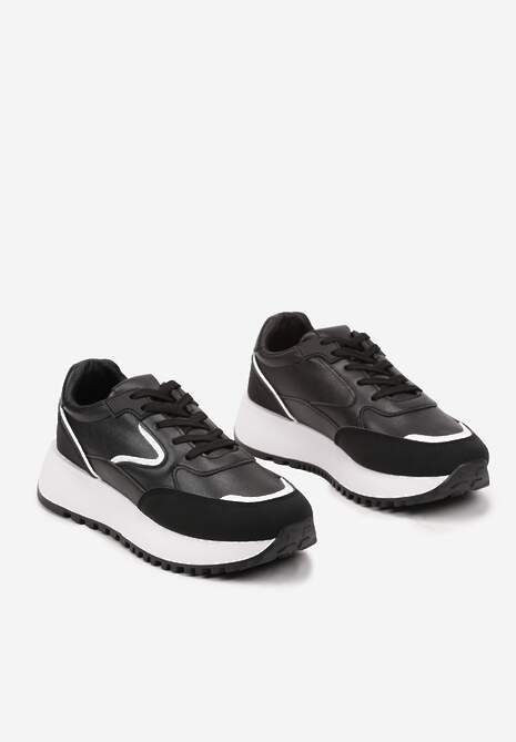 Czarne Sneakersy na Płaskiej Podeszwie z Geometrycznym Motywem Erithnia