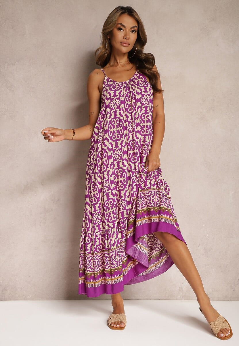 Fioletowa Rozkloszowana Sukienka z Bawełny na Cienkich Ramiączkach Nellmaira