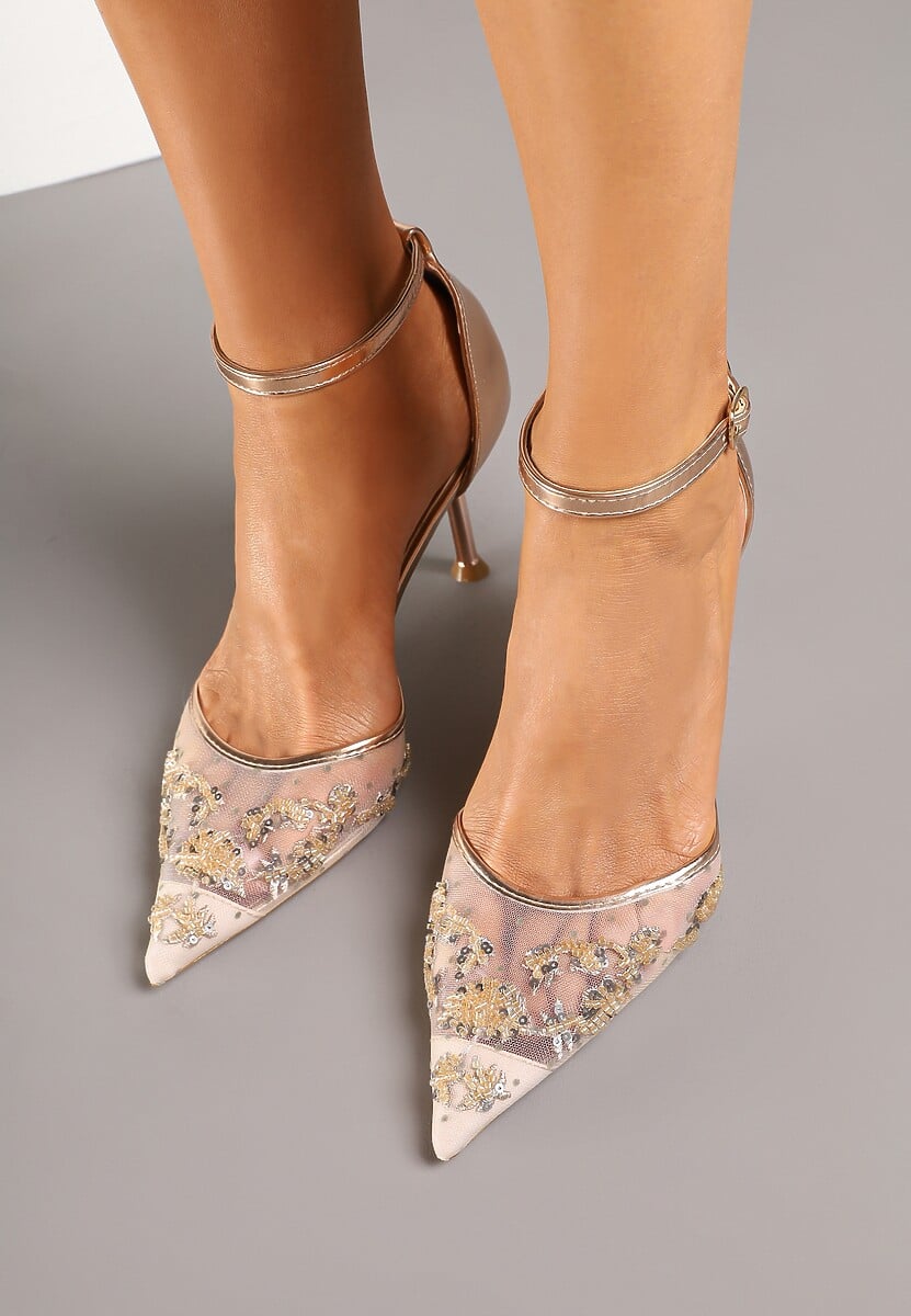 Szampańskie Sandały z Transparentną Siateczką i Cekinami na Szpilce z Zapięciem wokół Kostki Olithwena