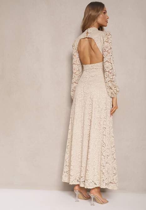 Beżowa Koronkowa Koktajlowa Sukienka o Rozkloszowanym Kroju z Odkrytymi Plecami Felillia