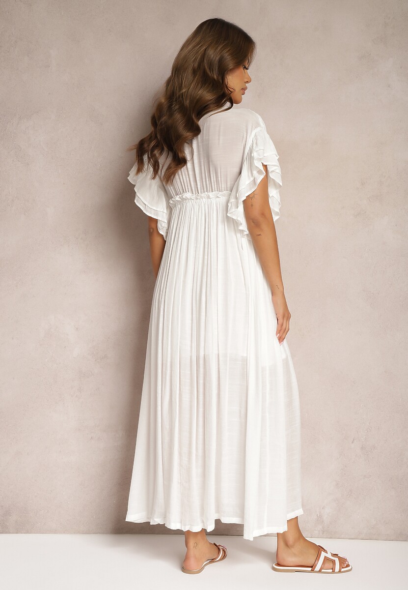 Biała Bawełniana Sukienka z Gumką w Talii i Falbankami Rivatia