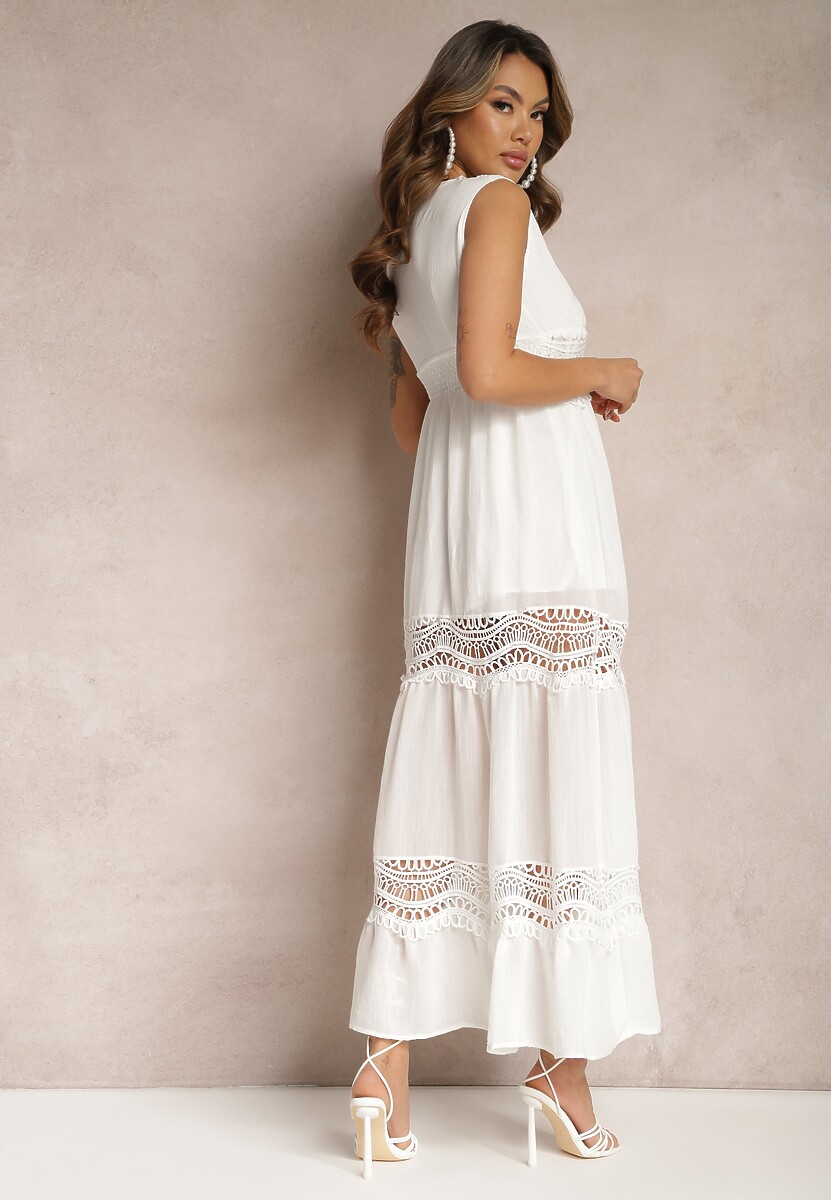 Biała Maxi Sukienka o Rozkloszowanym Kroju z Ażurowymi Wstawkami Litulla