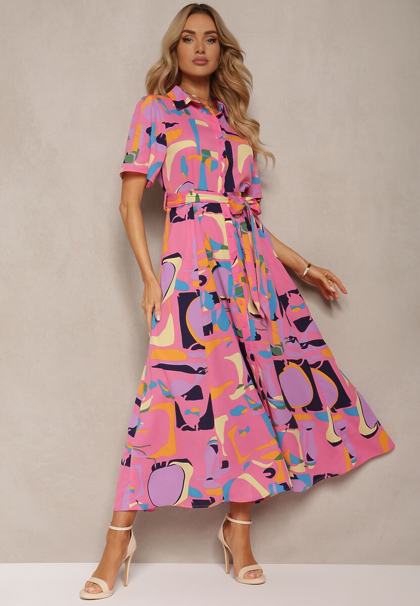 Różowa Koszulowa Sukienka w Abstrakcyjny Print z Materiałowym Paskiem w Talii Archbia