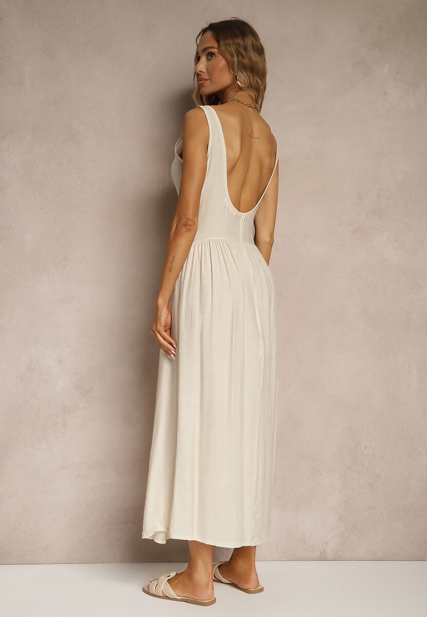 Beżowa Rozkloszowana Sukienka z Wiskozy Milunisa