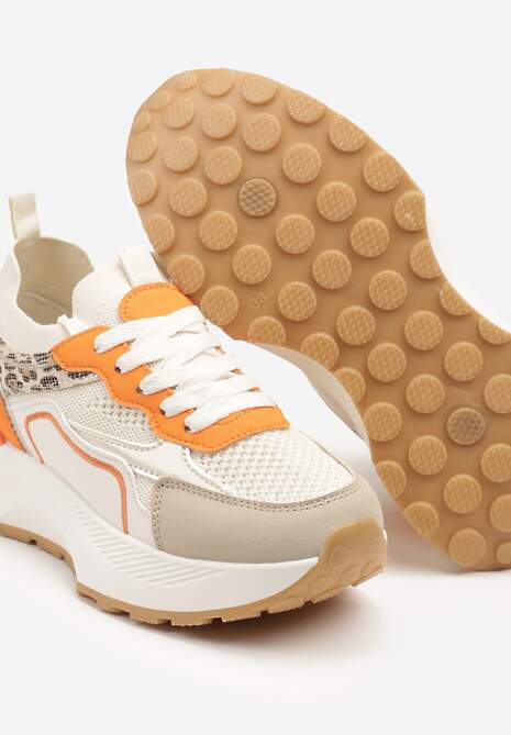 Beżowo-Pomarańczowe Sneakersy Streetwearowe na Piankowej Podeszwie Aillifia