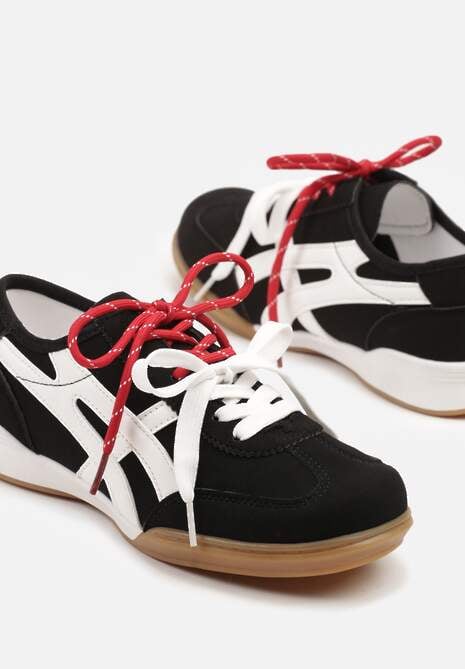 Czarne Sneakersy Ozdobione Geometrycznym Wzorem i Podwójnym Sznurowaniem Hirozi