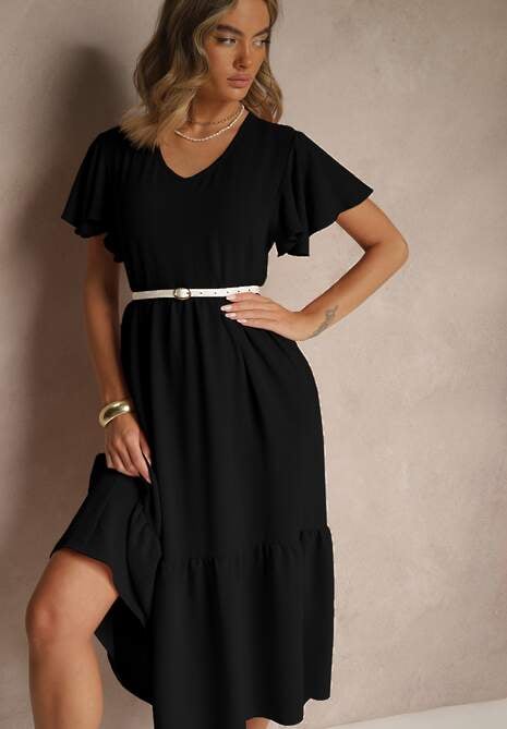 Czarna Rozkloszowana Sukienka z Wiskozą w Casualowym Stylu Filarenna