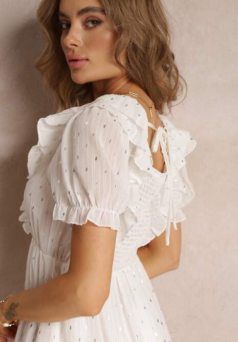 Biała Sukienka Mini z Gumką w Talii i Wiązaniem na Plecach Olitisa