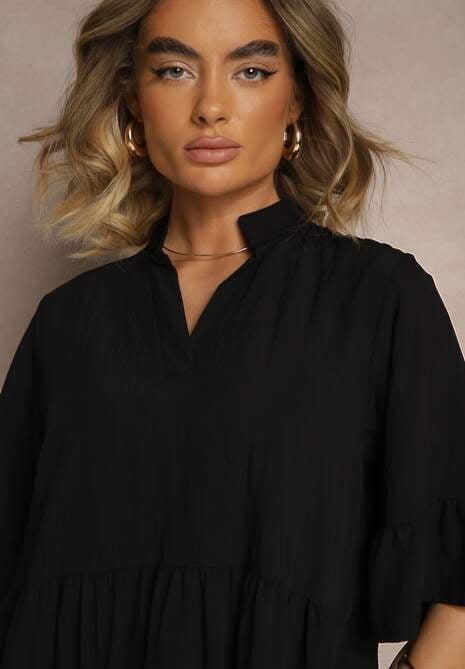 Czarna Rozkloszowana Sukienka z Wiskozą i Falbanami Eviranna