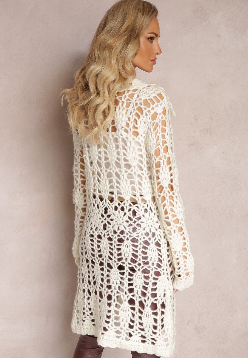 Jasnobeżowy Luźny Kardigan Ażurowy na Guziki Sieneos