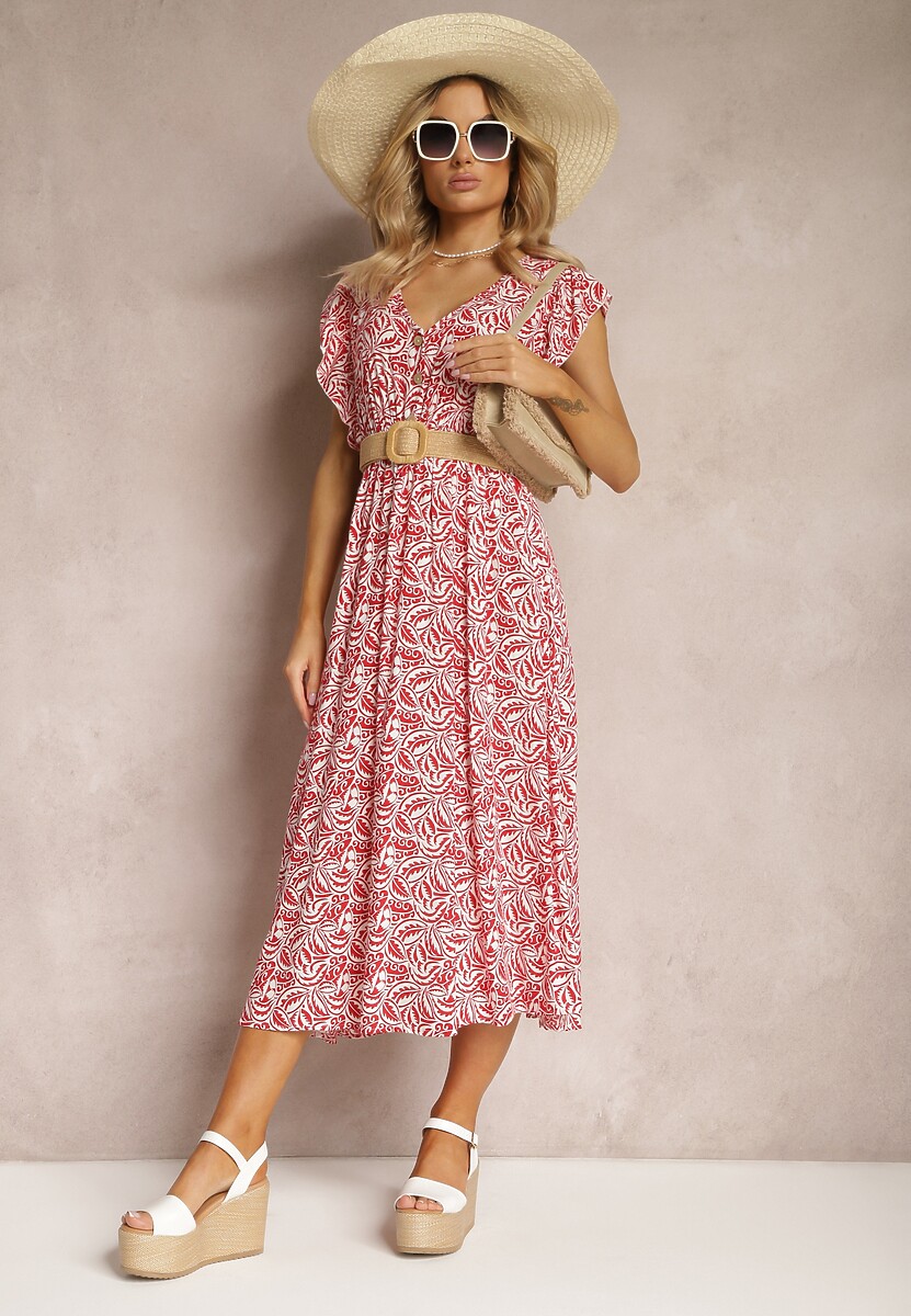 Czerwona Bawełniana Sukienka na Lato z Elastyczną Gumką w Pasie i Falbankami Przy Ramionach Jovenia