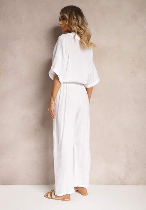 Biały Taliowany Kombinezon z Bawełny Góra w Formie Koszuli oraz Luźne Spodnie Namsorin