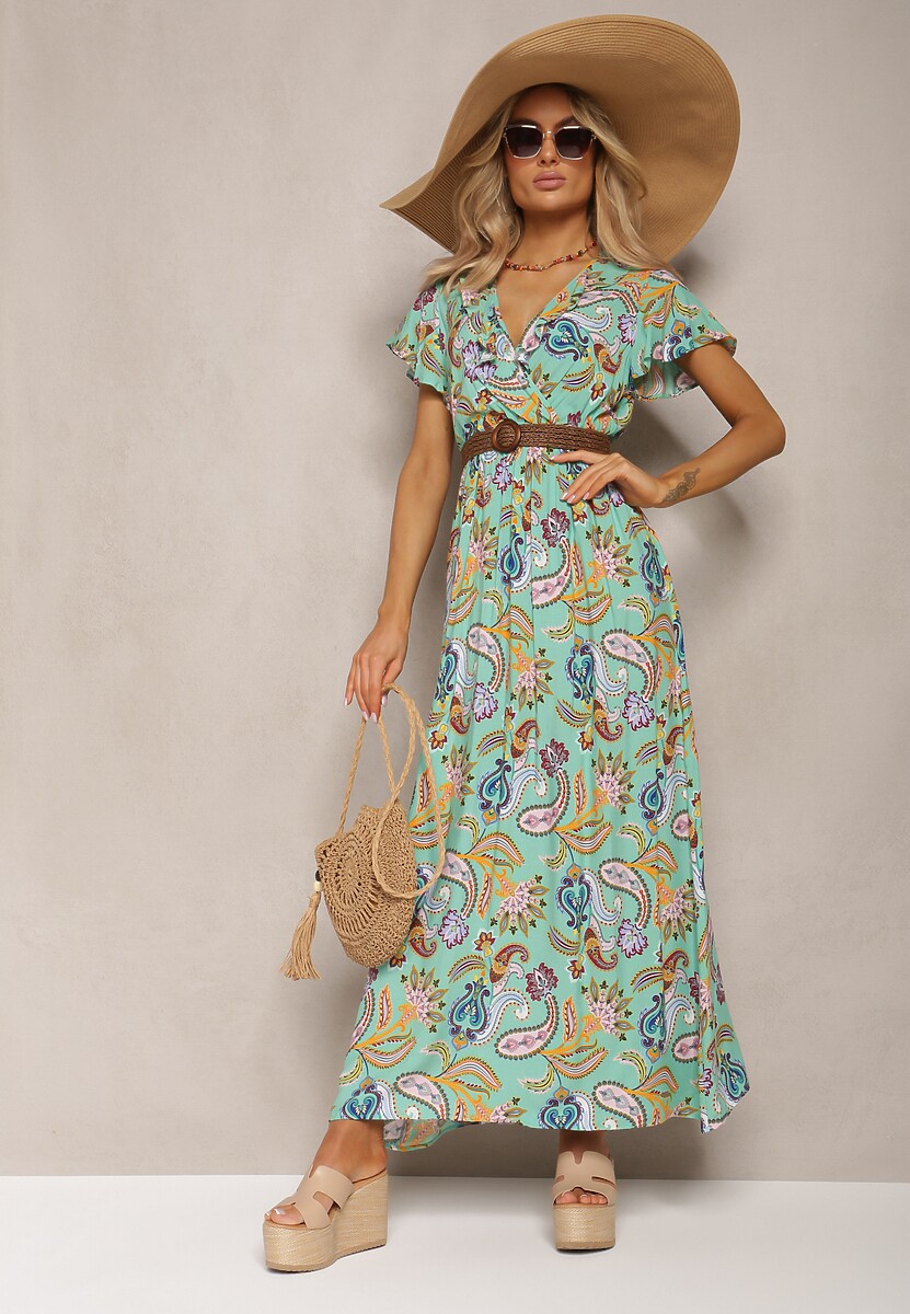 Miętowa Letnia Sukienka z Gumką w Talii z Wiskozy Ozdobiona Wzorem Paisley Uviana