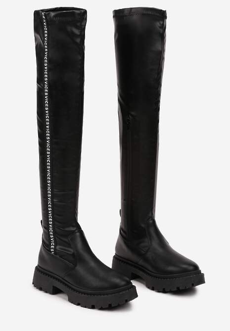 Czarne Kozaki z Dopasowaną Cholewką i Ozdobną Taśmą z Logo Naorema