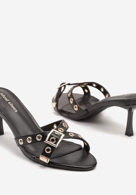 Czarne Klapki na Szpilce z Klamrami i Nitami Eyredis