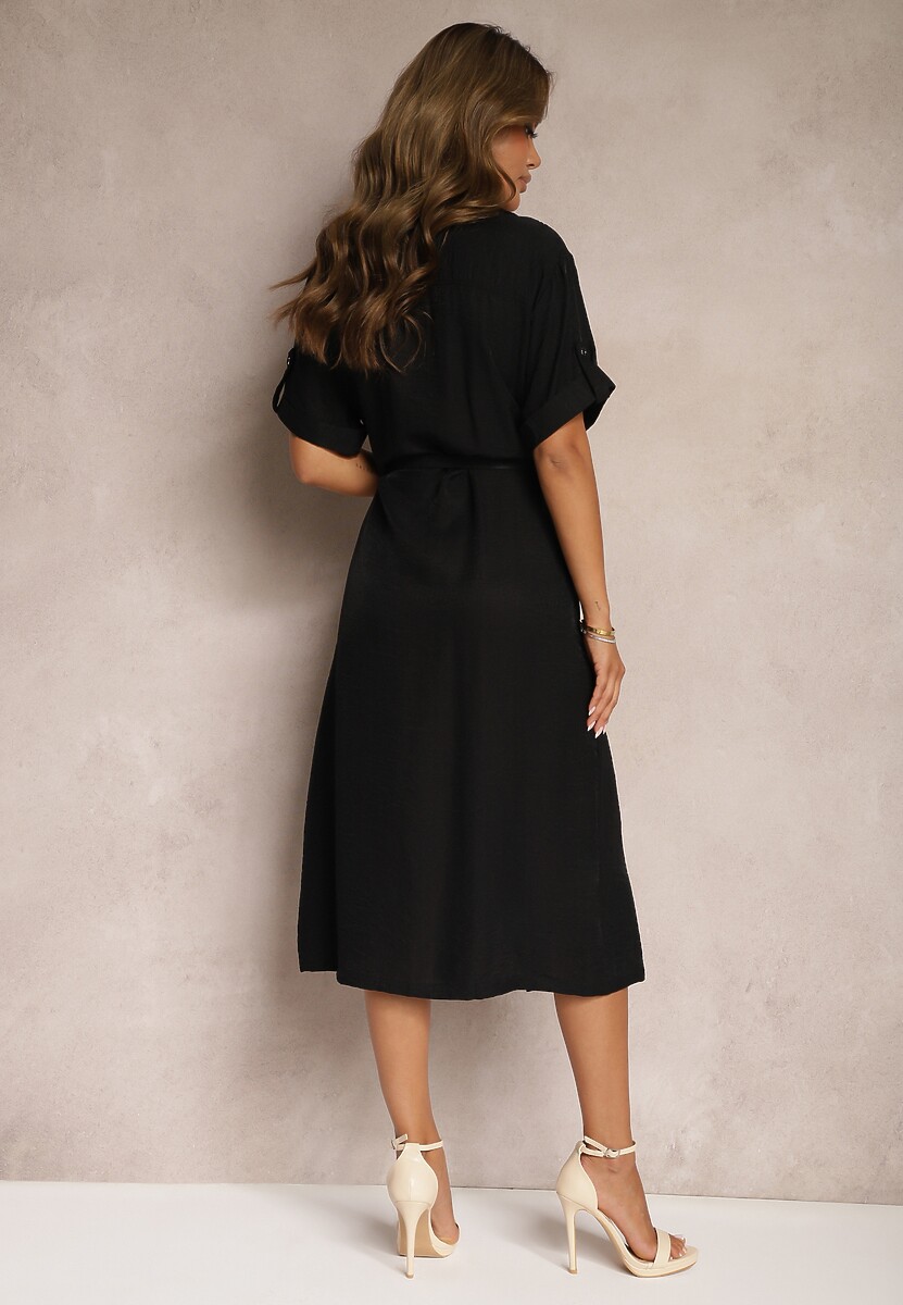 Czarna Sukienka z Wiskozy o Kroju Koszulowym Ozdobiona Paskiem Nelsines