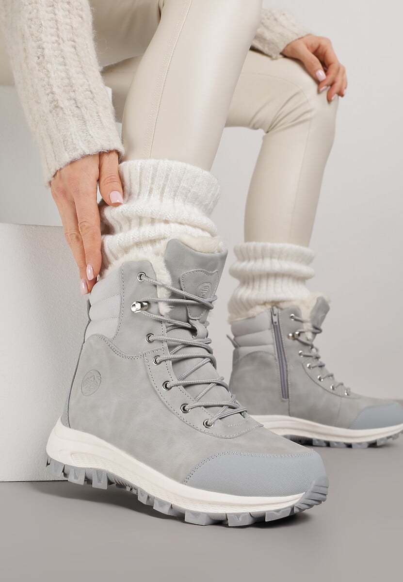 Jasnoszare Botki Trekkingowe na Platformie ze Sznurowaniem Labrinna