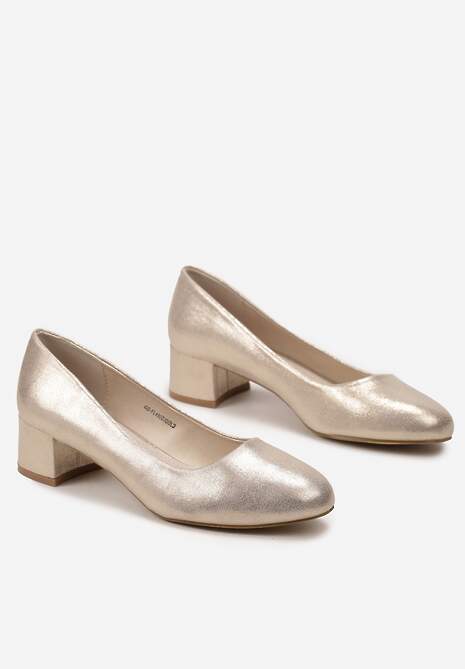 Złote Błyszczące Czółenka na Niskim Słupku ze Skórzaną Wkładką Grisela
