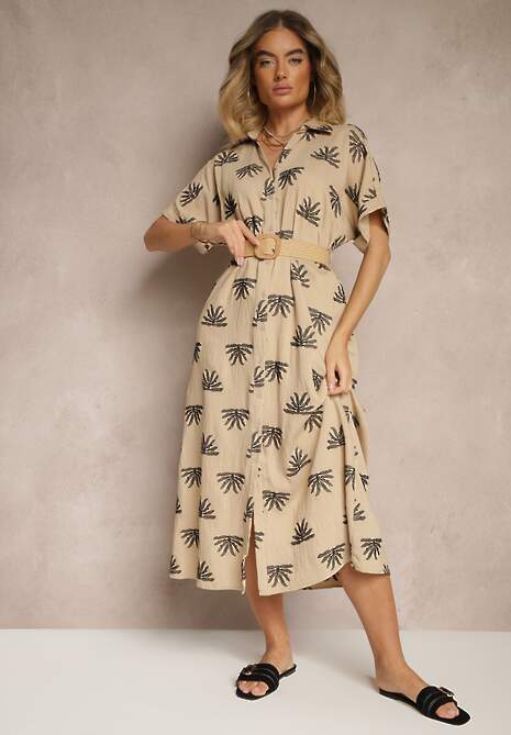 Beżowa Wiskozowa Sukienka o Koszulowym Kroju z Haftem i Paskiem z Klamrą Lioessa