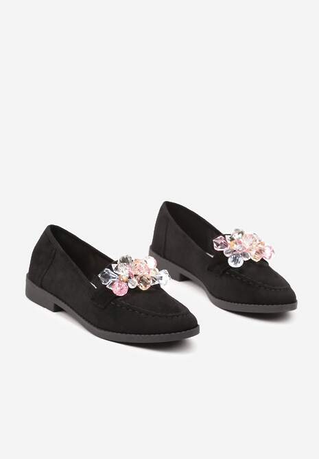 Czarne Mokasyny z Imitacji Zamszu z Biżuteryjną Aplikacją Zaliora