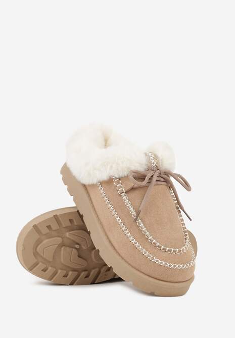 Ciemnobeżowe Śniegowce z Niską Cholewką Futerkiem i Ozdobnymi Przeszyciami Isaweda