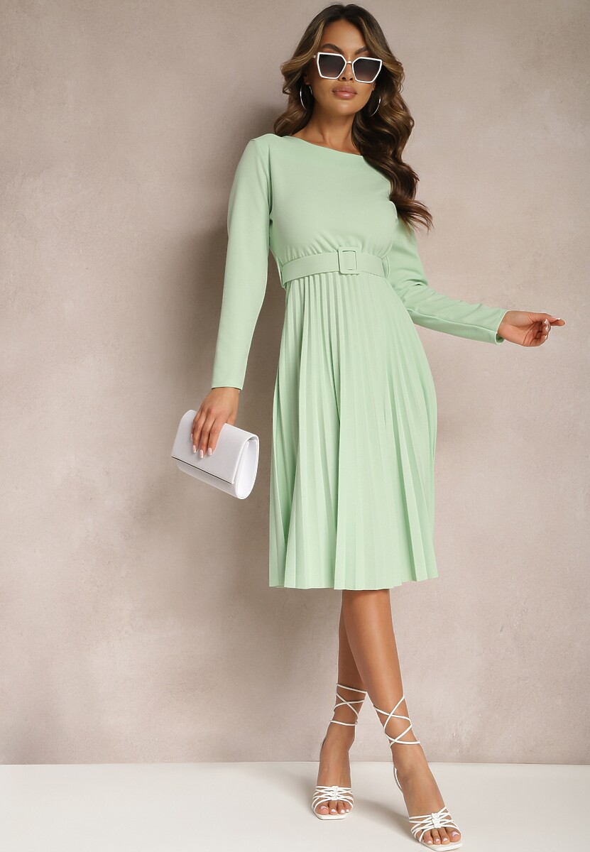 Zielona Plisowana Sukienka Midi z Paskiem w Talii Pailomena