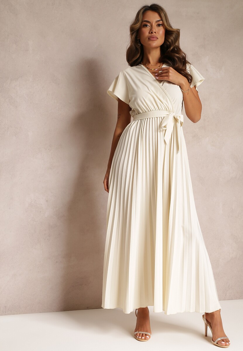 Jasnobeżowa Koktajlowa Maxi Sukienka Ozdobiona Plisami z Trójkątnym Dekoltem i Wiązaniem w Talii Phoelia