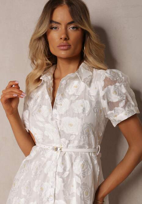 Biała Koktajlowa Taliowana Sukienka o Kroju Koszulowym Ozdobiona Paskiem z Perełką Vimalette