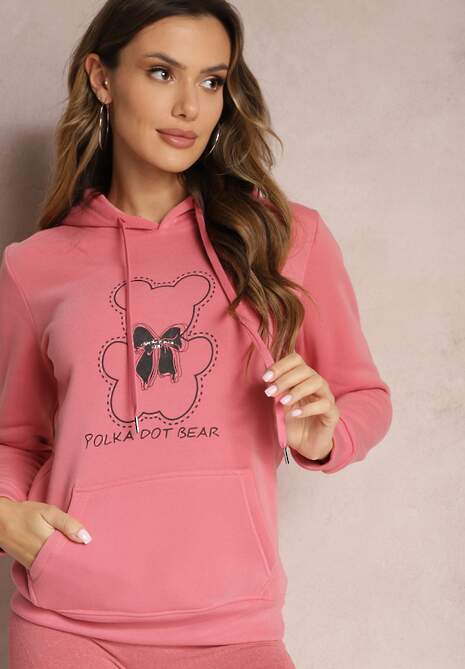 Różowa Bluza Kangurka ze Ściągaczami z Nadrukiem i Polarem Simunsa