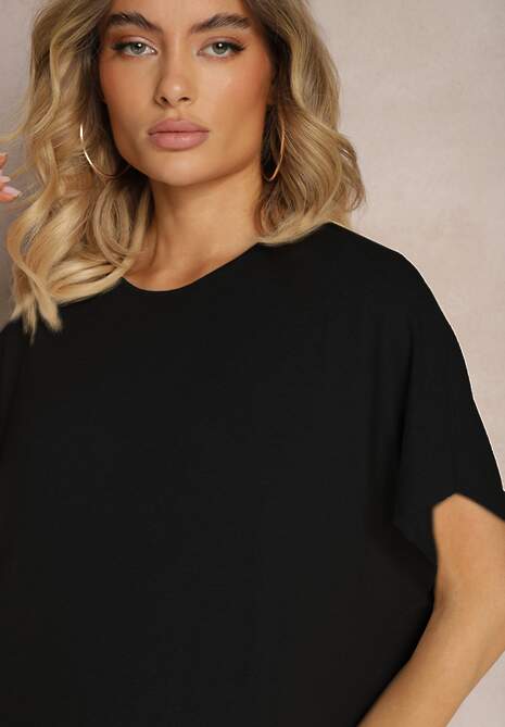 Czarna Pudełkowa Sukienka z Wiskozy z Rozcięciem Vimoray