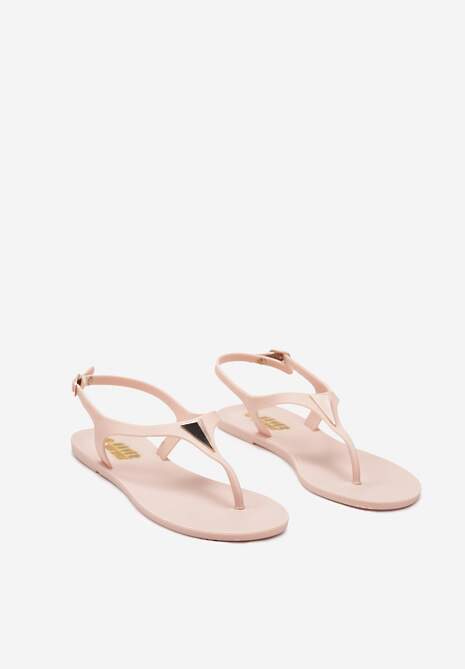 Ciemnobeżowe Płaskie Sandały w Stylu Japonek Zapinane na Sprzączkę z Aplikacją Abirena